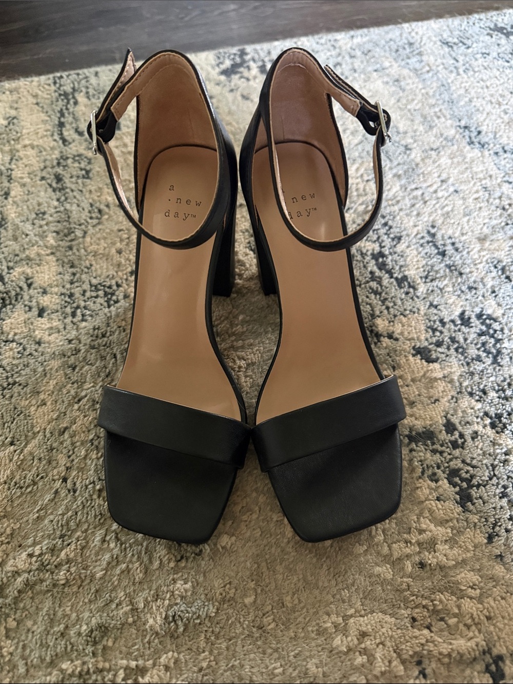 a new day Black Square-Toe Ankle-Strap Block Heels